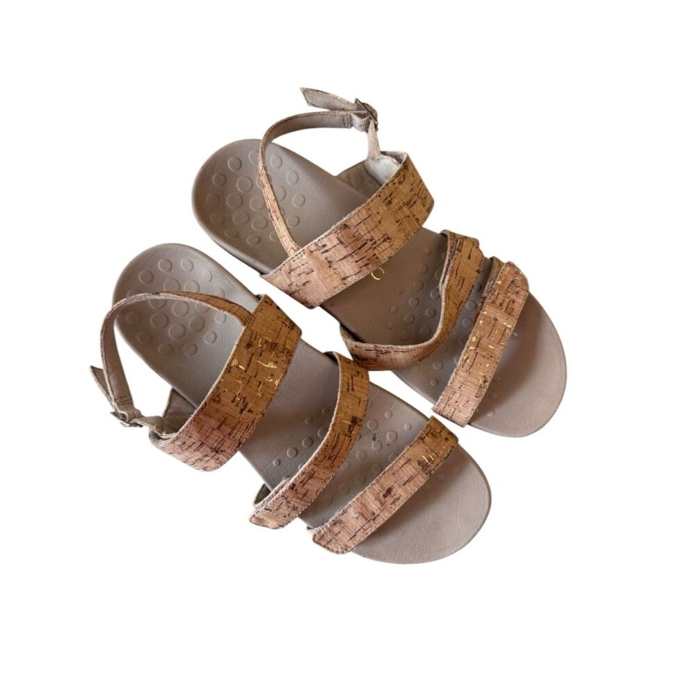 Vionic Teagan Natural Cork Gold Flecks Open Toe Adjustable Sandals Size 10